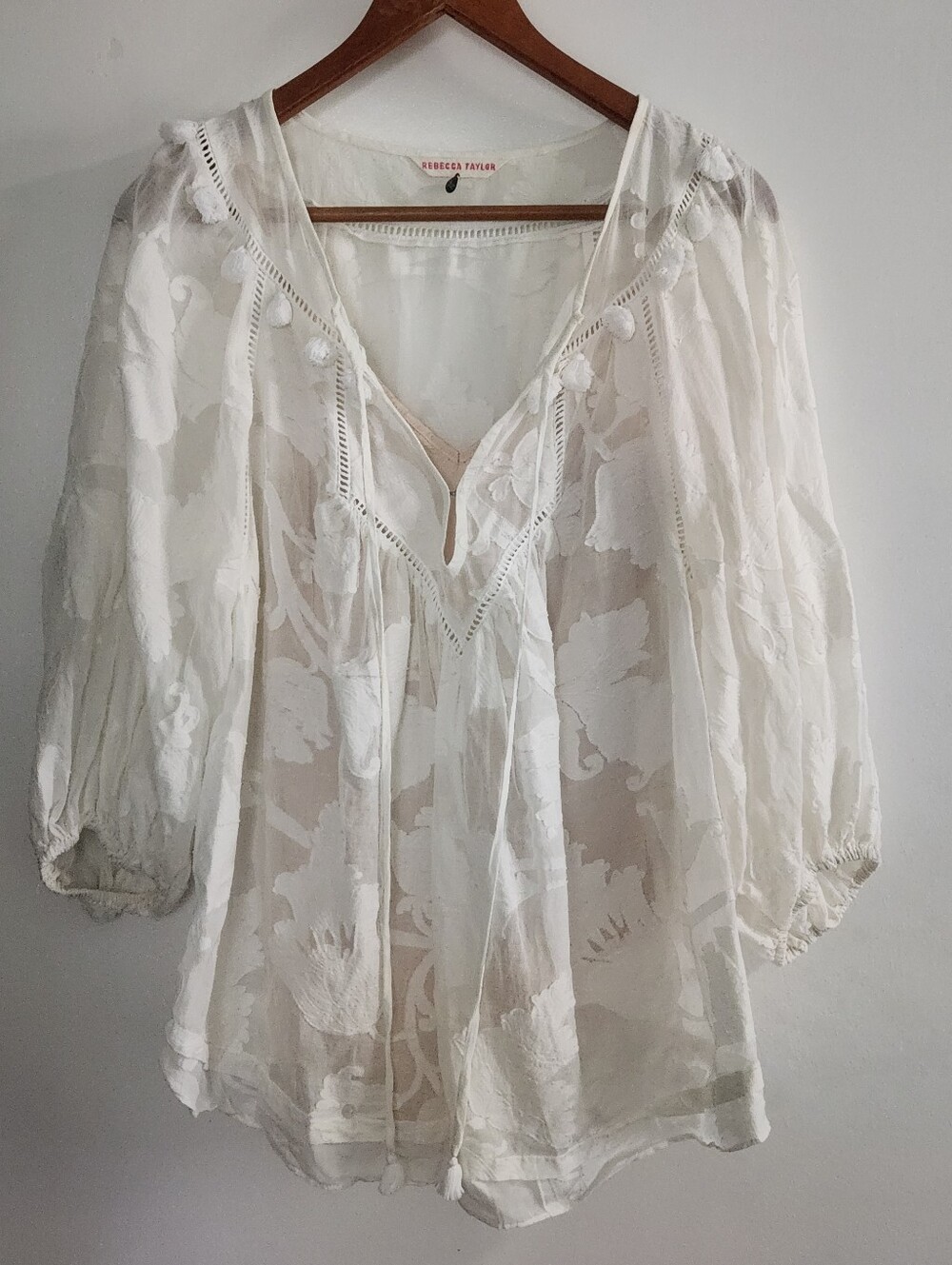 Rebecca Taylor Sheer Blouse Size 10 Ivory Jacquard With Silk Tank